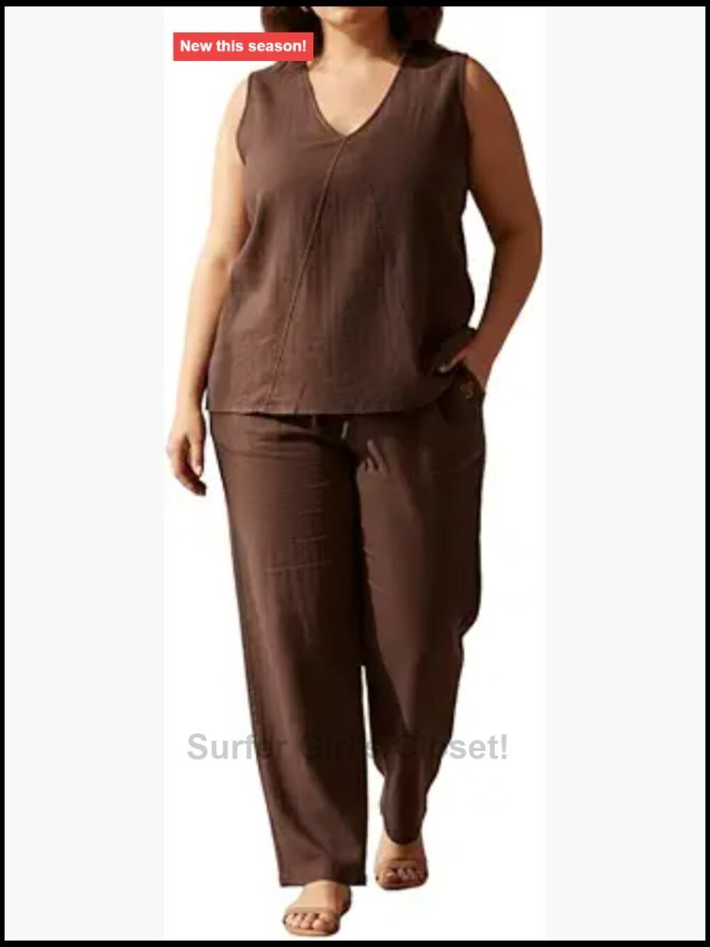 3 Piece 100% Cotton Lounge Set with Pockets Sleeveless V-Neck Top, Pants &
